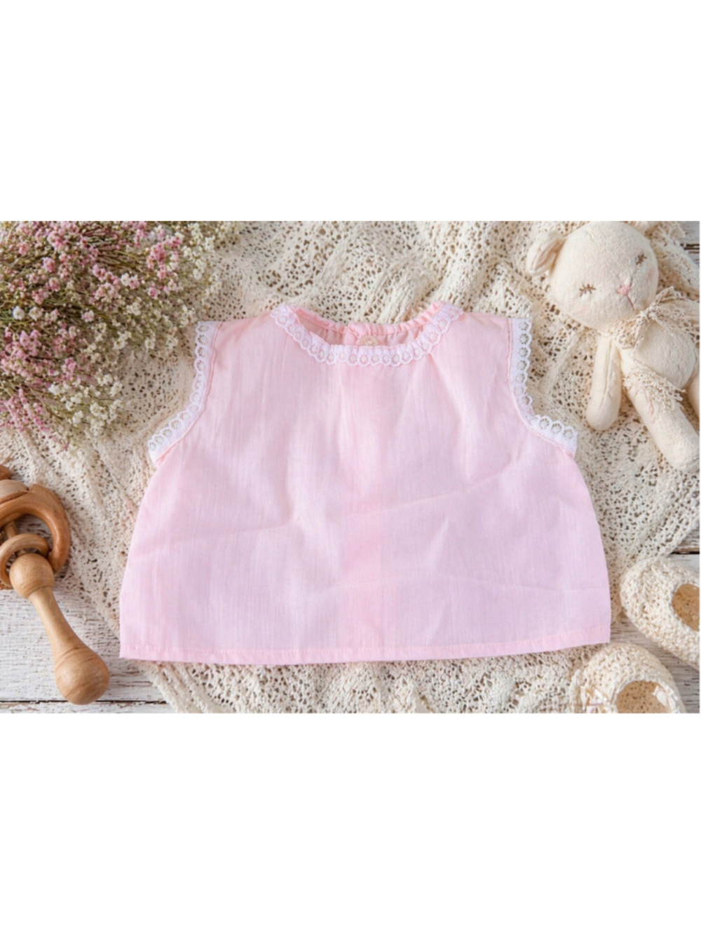 VTG MCM Handmade Baby Blouse Pink Lace Trim Infant Top Newborn Heirloom Doll